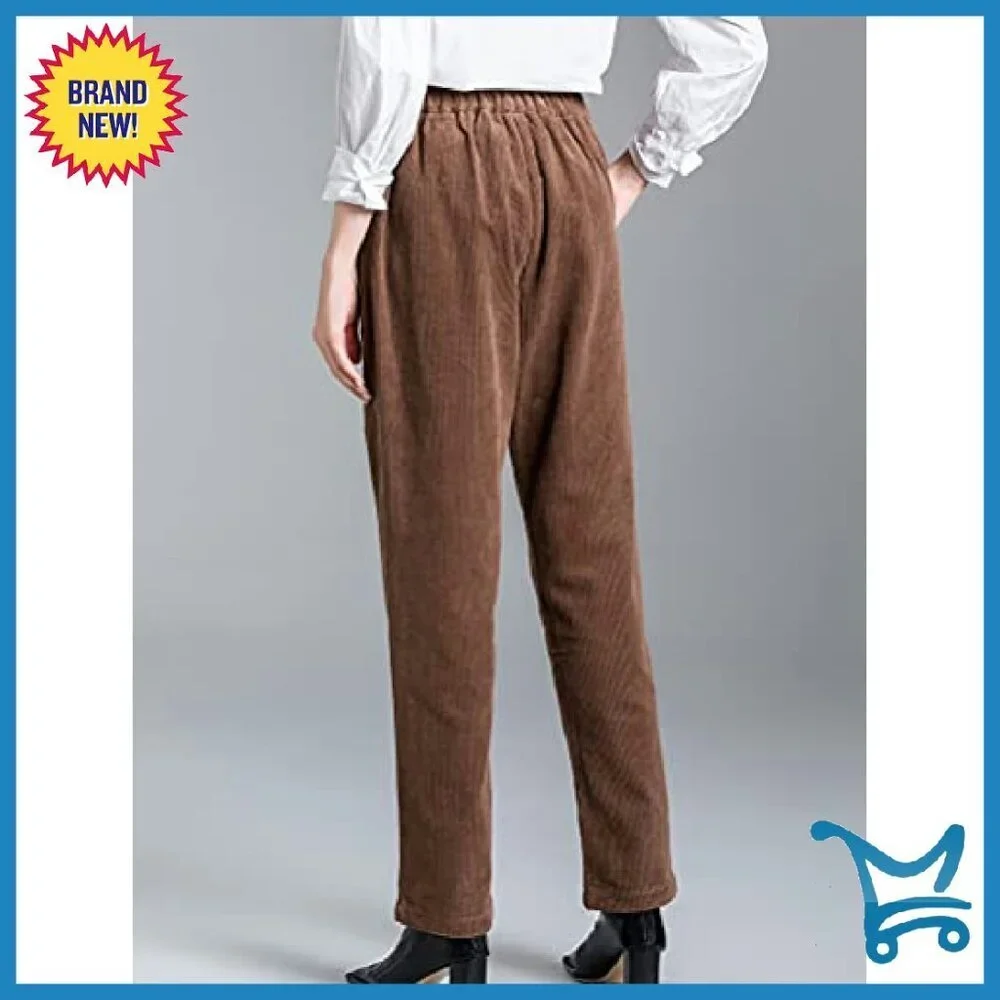 Cropped Corduroy Pants Elastic Waist Straight Leg with Pockets